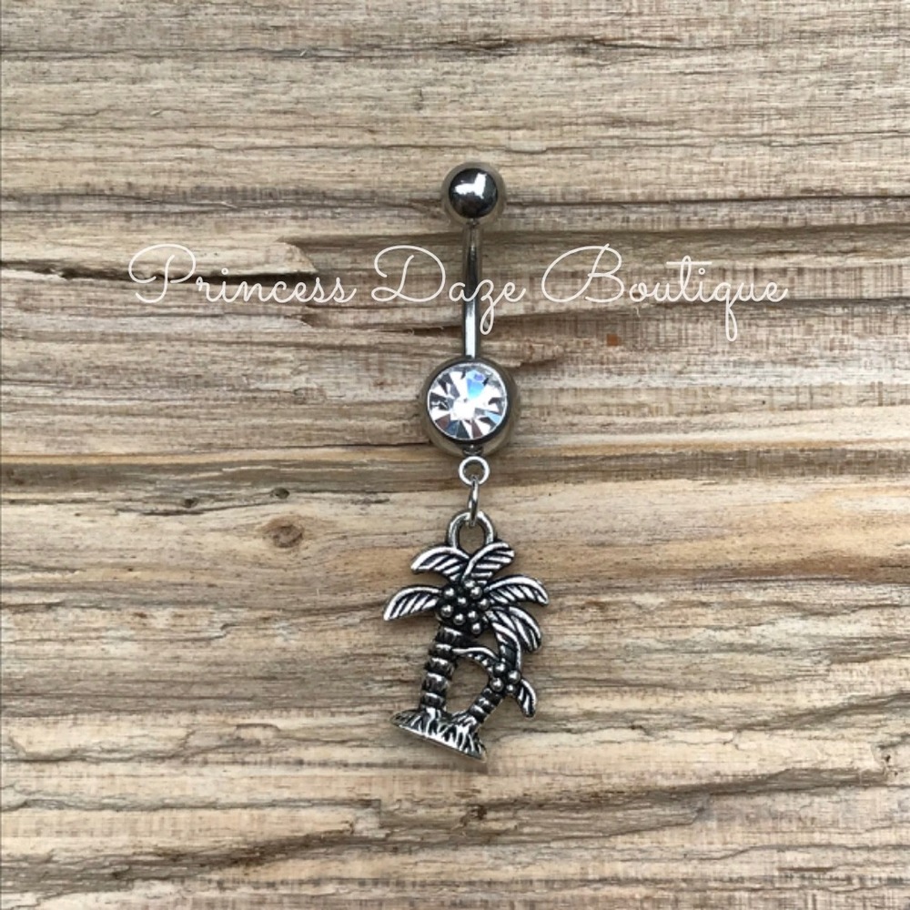 Silver Palm Tree‎ Belly Button Ring